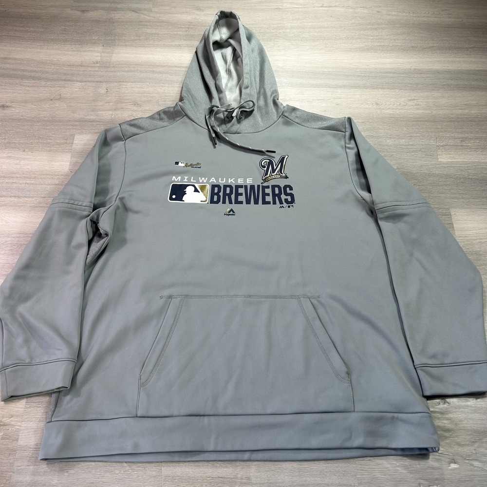 Milwaukee Brewers Hoodie Mens 2XL Gray MLB Baseball Majestic Authentic Pullover